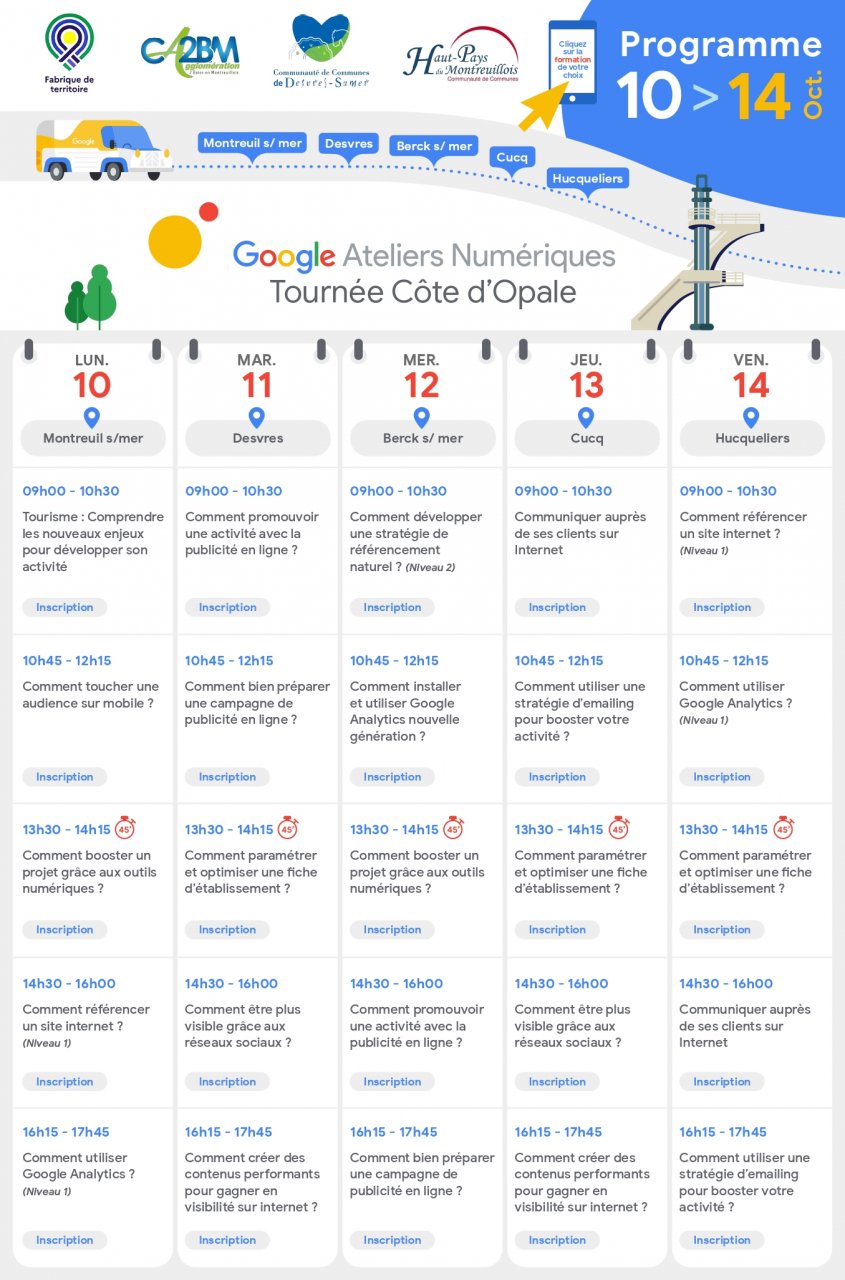 Agenda Tournée Côte d'Opale Google Ateliers Numériques du 10 au 14 octobre